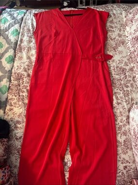 Tailored Red Wrap-Front Jumpsuit with Side Buckle